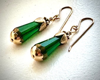 Emerald Green Czech Glass Dangle Earrings: 22K Gold Plated