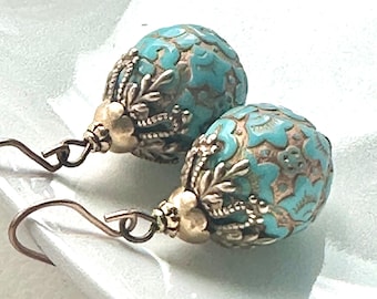 Gold Turquoise Arabesque Earrings: Textured Statement Jewelry