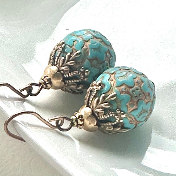 Vintage earrings, gold and turquoise earrings, green blue vintage drops, textured gold earrings, unique brass bead caps
