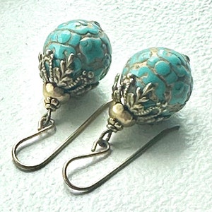 Vintage earrings, gold and turquoise earrings, green blue vintage drops, textured gold earrings, unique brass bead caps image 8