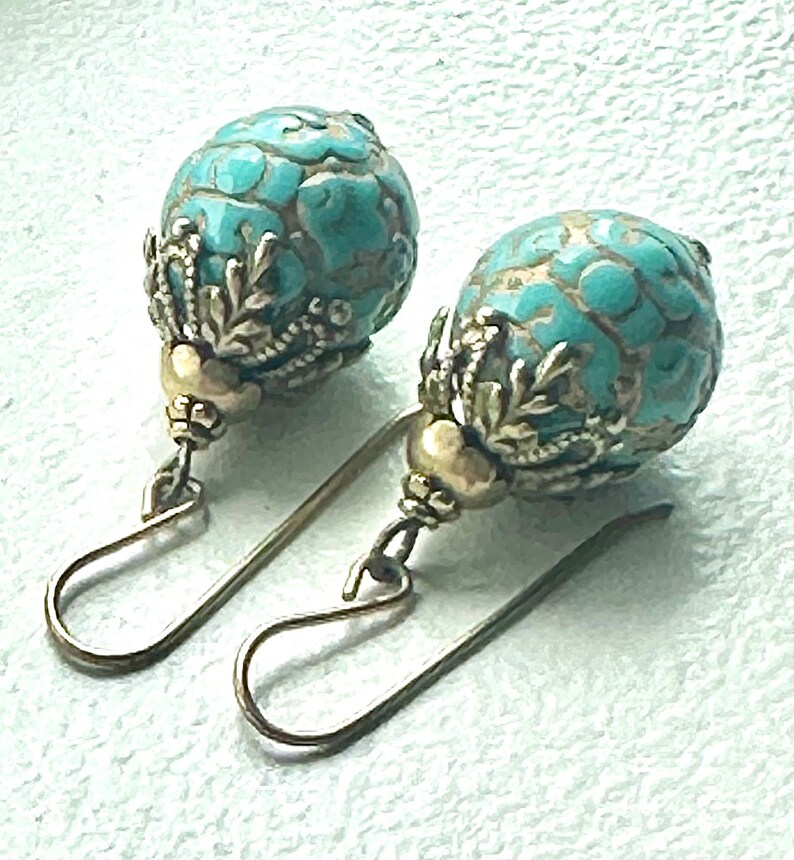 Vintage earrings, gold and turquoise earrings, green blue vintage drops, textured gold earrings, unique brass bead caps image 8