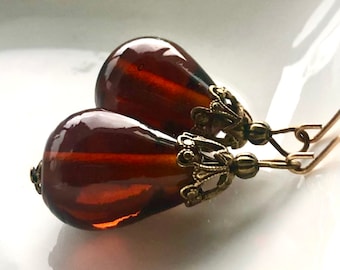 Topaz Brown glass earrings, brown glass drops, antique topaz glass teardrop earrings, Art Nouveau earrings