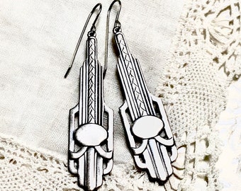 Art Deco silver drop statement earrings