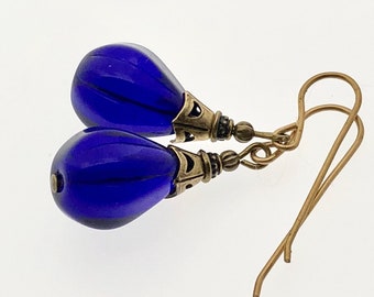 Blue Czech Glass Teardrop Earrings: Art Deco Brass Drops