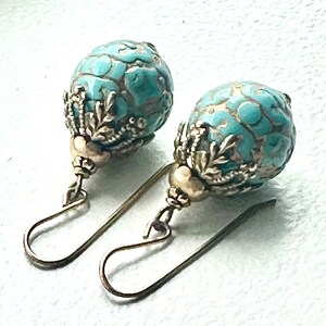 Vintage earrings, gold and turquoise earrings, green blue vintage drops, textured gold earrings, unique brass bead caps image 6