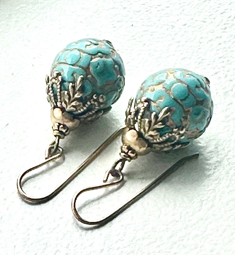 Vintage earrings, gold and turquoise earrings, green blue vintage drops, textured gold earrings, unique brass bead caps image 6
