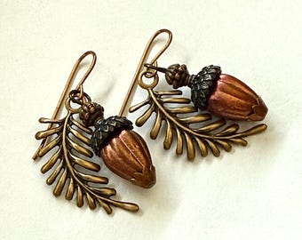 Czech Glass Acorn Earrings: Copper Drops, Brass Foliage