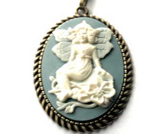 Vintage cameo pendant, fairy cameo necklace, blue white fairy cameo