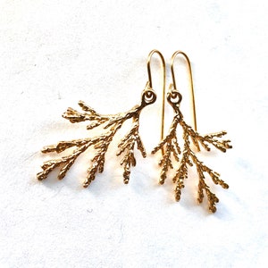 Gold cedar branch earrings, golden leaf earrings, cedar branch drop earrings, Noel earrings