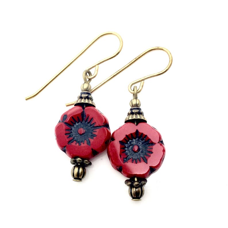 red black glass drops red glass flower earrings Red Czech glass earrings Red poppy glass earrings red drop earrings