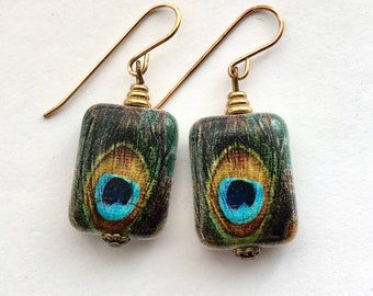 Peacock Feather Earrings: Ceramic Bead Drops with Brass Accents