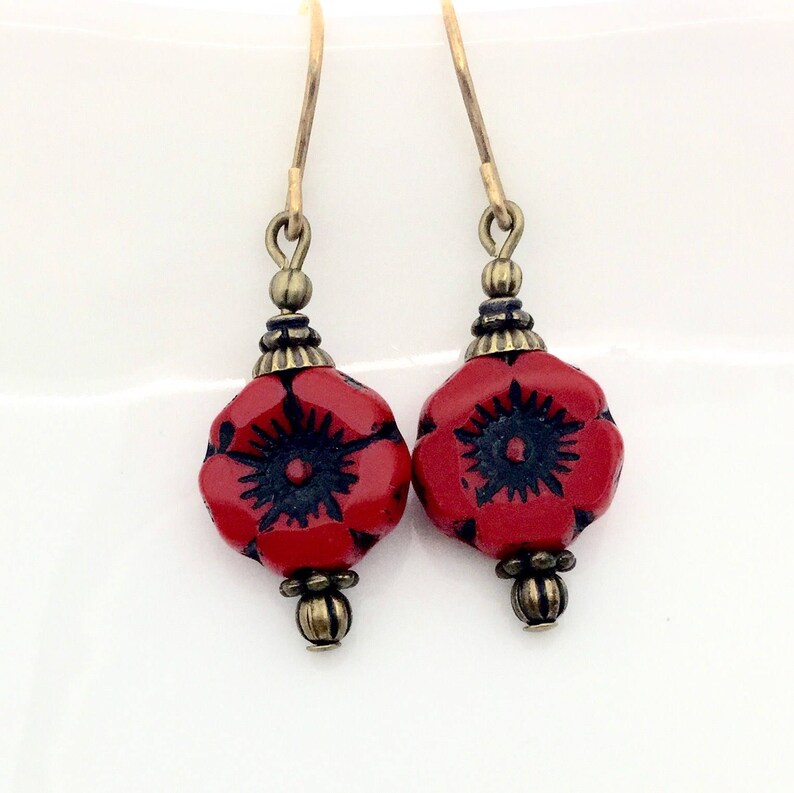 red black glass drops red glass flower earrings Red Czech glass earrings Red poppy glass earrings red drop earrings