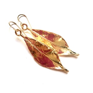 Shiny leaf earrings, brass leaf drops, verdigris leaves, green earrings, shiny gold earrings, green leaf earrings,