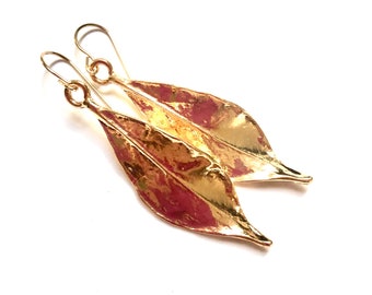 Shiny Brass Leaf Earrings: Verdigris Green Botanical Drops
