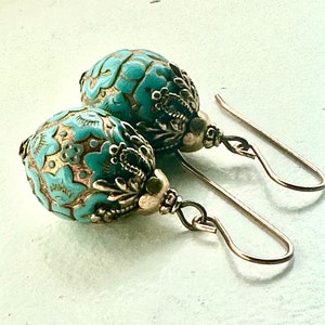 Vintage earrings, gold and turquoise earrings, green blue vintage drops, textured gold earrings, unique brass bead caps image 5