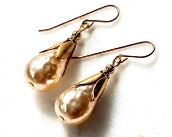 Botanical Pearl Drop Earrings, 22K Gold Flower Caps, Bridal Dangle Jewelry