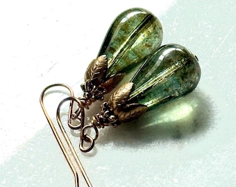 Sage green Czech glass earrings, teardrop drops, 22k gold botanical caps