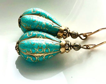 Vintage Turquoise Lucite Dangle Earrings, Gold Art Nouveau Drops