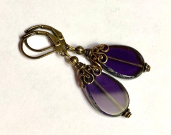 Purple Teardrop Czech Glass Earrings: Vintage Brass Beadcaps