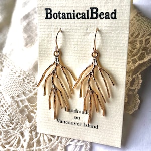 Pine earrings, golden evergreen drop earrings, gold cedar branch earrings, golden leaf earrings, cedar branch drop earrings