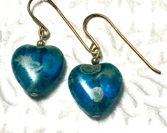 Blue Czech Glass Heart Earrings: Antiqued Brass Dangles, Valentines gift