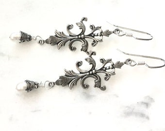 Freshwater Pearl Drop Earrings: Silver Plated Art Nouveau Wedding Jewelry