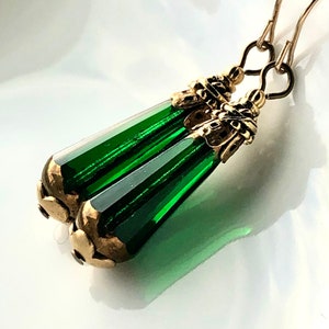 Green Czech glass earrings, vintage dangle earrings, czech glass gold earrings, brass drops, green drop earrings