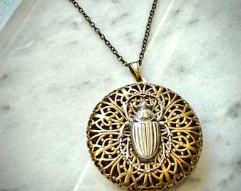 Antique Brass Filigree Locket Necklace: Scarab Motif Keepsake