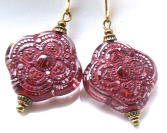 Vintage Red Lace Lucite Earrings: Ornate Retro Statement Jewelry, Valentine's Day gift