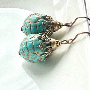 Vintage earrings, gold and turquoise earrings, green blue vintage drops, textured gold earrings, unique brass bead caps image 3