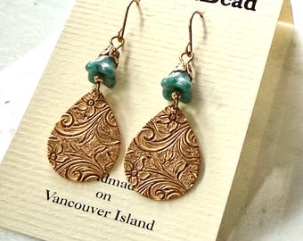 Art Nouveau Gold Plated Earrings, Blue Czech Glass Flower Drops, 22K Gold