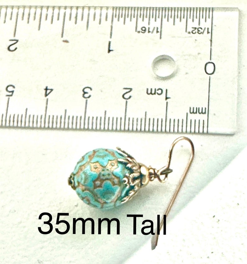 Vintage earrings, gold and turquoise earrings, green blue vintage drops, textured gold earrings, unique brass bead caps image 10