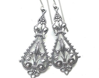 Silver Plated Filigree Drop Earrings: Victorian Style
