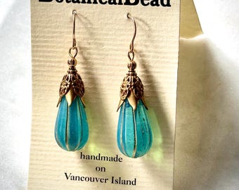 Czech glass blue teardrop earrings, gold filigree bead caps, 22K ear wires,  antique style