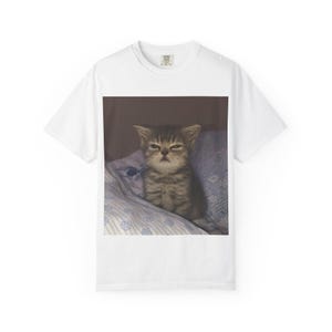 Könnte beinhalten: Weißes T-Shirt mit einem aufgedruckten Bild einer grimmig aussehenden Katze. Die Katze hat graues und braunes Fell und sitzt auf einer blau-weiß gemusterten Decke. Das T-Shirt hat einen Rundhalsausschnitt.