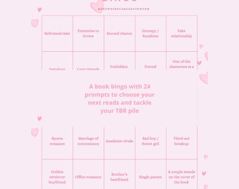 Romance book bingo prompts challenge printable instant download game fun reading tracker