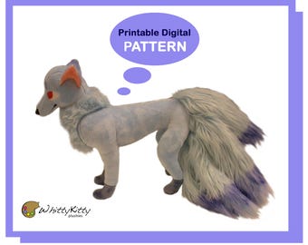 May include: Printable digital pattern for a plush toy fox with a blue and purple fluffy tail. The fox has red eyes and a light blue body. The text "Printable Digital PATTERN" is in a thought bubble above the fox.