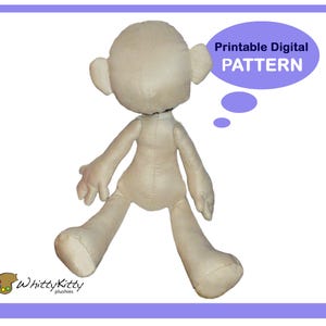 May include: A beige plush doll body with arms and legs, ears, and a head. The doll is made of fabric and has stitched seams. A speech bubble reads "Printable Digital PATTERN". The WhittyKitty plushies logo is in the bottom left corner.