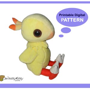 May include: Printable digital pattern for a yellow plush toy bird with orange accents and red legs. The pattern is for a plush toy that is approximately 10 inches tall. The pattern is available for download.