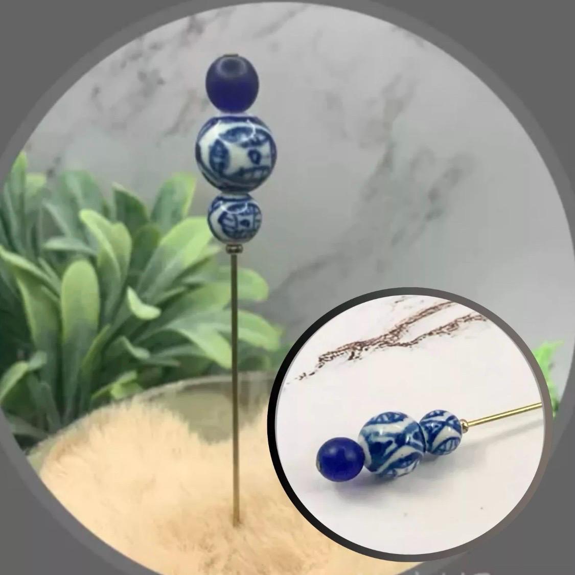 Blue White Glass Beaded • Hatpin - Stick Pin • 5” Pin