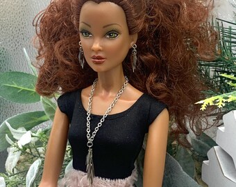 Silver Dangles Pendant Long Doll Necklace Earring Set for 16 Inch Doll • Doll Jewelry Accessories