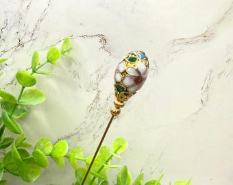 Floral Multi-colored Design Cloisonné Egg Shaped with Gold-tone Filigree Accent Hatpin - 6 Inch