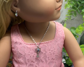 Aurora Borealis Rhinestone Flower Pendant Doll Necklace & Earrings Set for 18 Inch Fashion Doll Jewelry