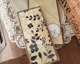Laminated bookmark with card  for gifting* Black and Beige Floral