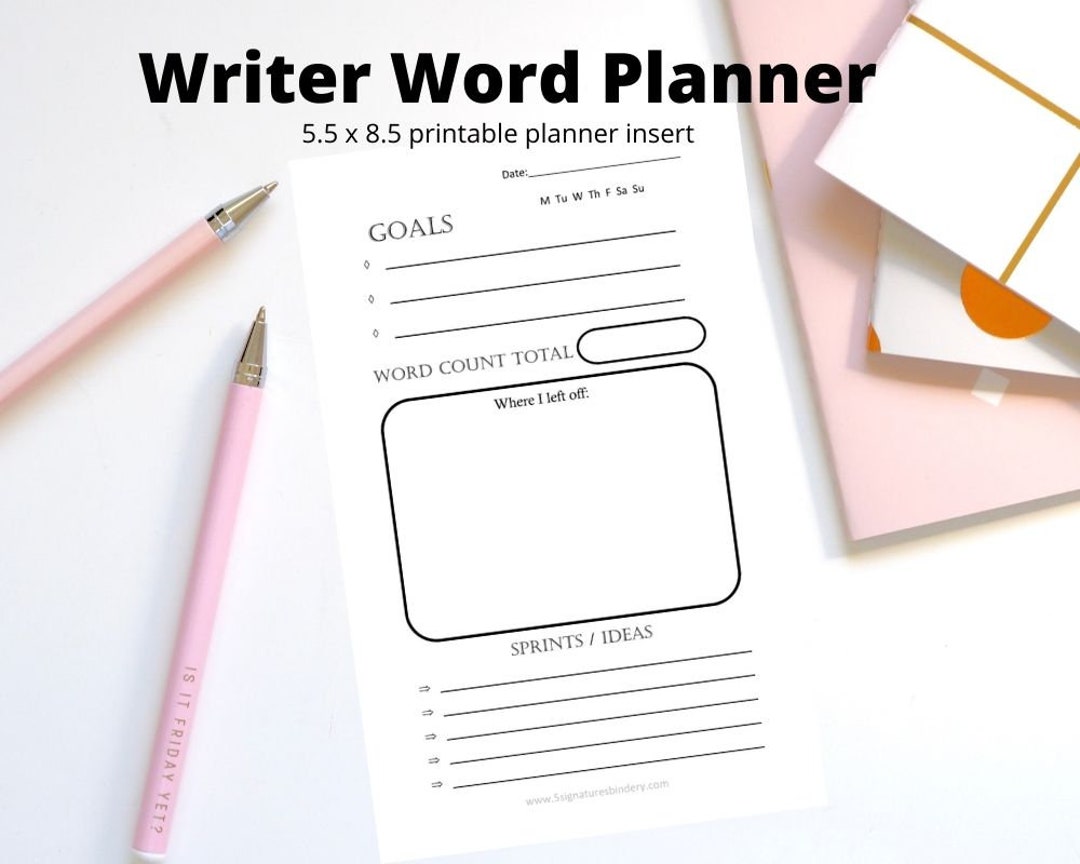 Writer Word Count Daily Journal Planner - Digital Printable Half Letter ...