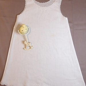 Vintage Baby Slip/Sleeveless Dress – 1940s White Long Embroidered Pinafore Christening Gown Underwear Doll Clothes Flawed – FREE SHIPPING