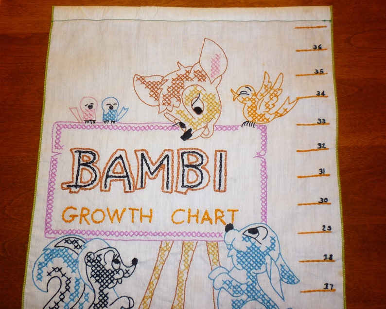 Vintage Bambi Growth Chart 1960's Handmade Cross Stitch image 1