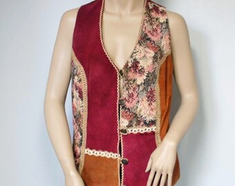 Patchwork Vest Vintage Leather and Tapestry Vest Boho Vest Hippie Vest Burlap Trim Size Large