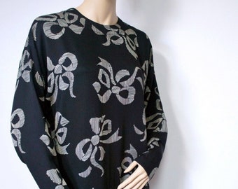 Dress Vintage Nicole Miller Long Sleeve Black Bow Print Drop Waist Size Medium - Large