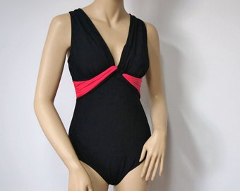 Vintage Black One Piece Swimsuit, Hot Pink Twist, Size 12